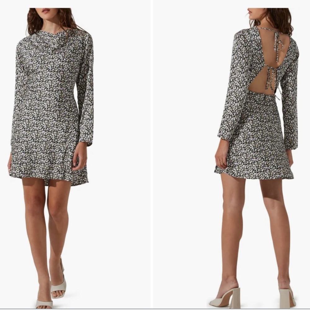 ASTR the Label Long Sleeve Cowl Neck Satin Dress Black Sage Multi - Size XL